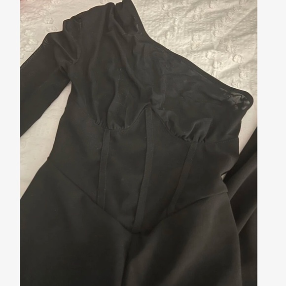 One Mesh Shoulder Black Elegant Jumpsuit High Waist Long Wide Leg - Picture 9 of 10